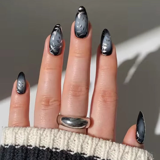 Midnight Elegance Short Almond Black and Gray Ombre with Delicate Leaf Design Press-On Nail Set