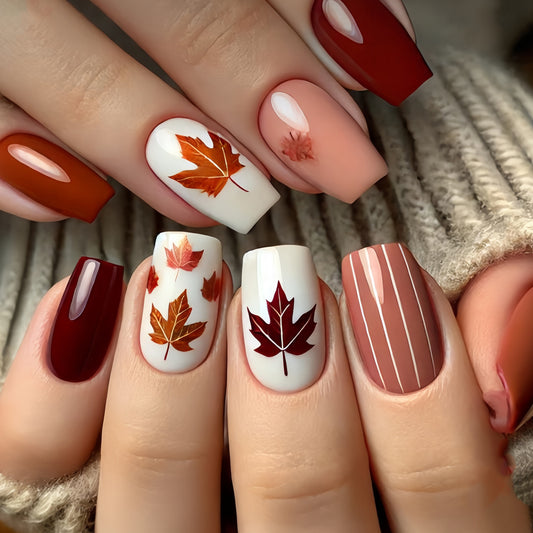 Autumn Elegance Medium Square Burgundy and Orange Leaf Design Press-On Nail Set