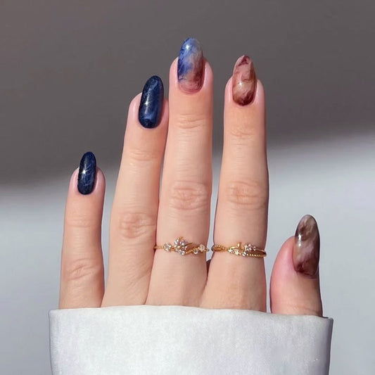 Celestial Dreams Medium Oval Midnight Blue and Earthy Swirl Press On Nail Set with Iridescent Finish