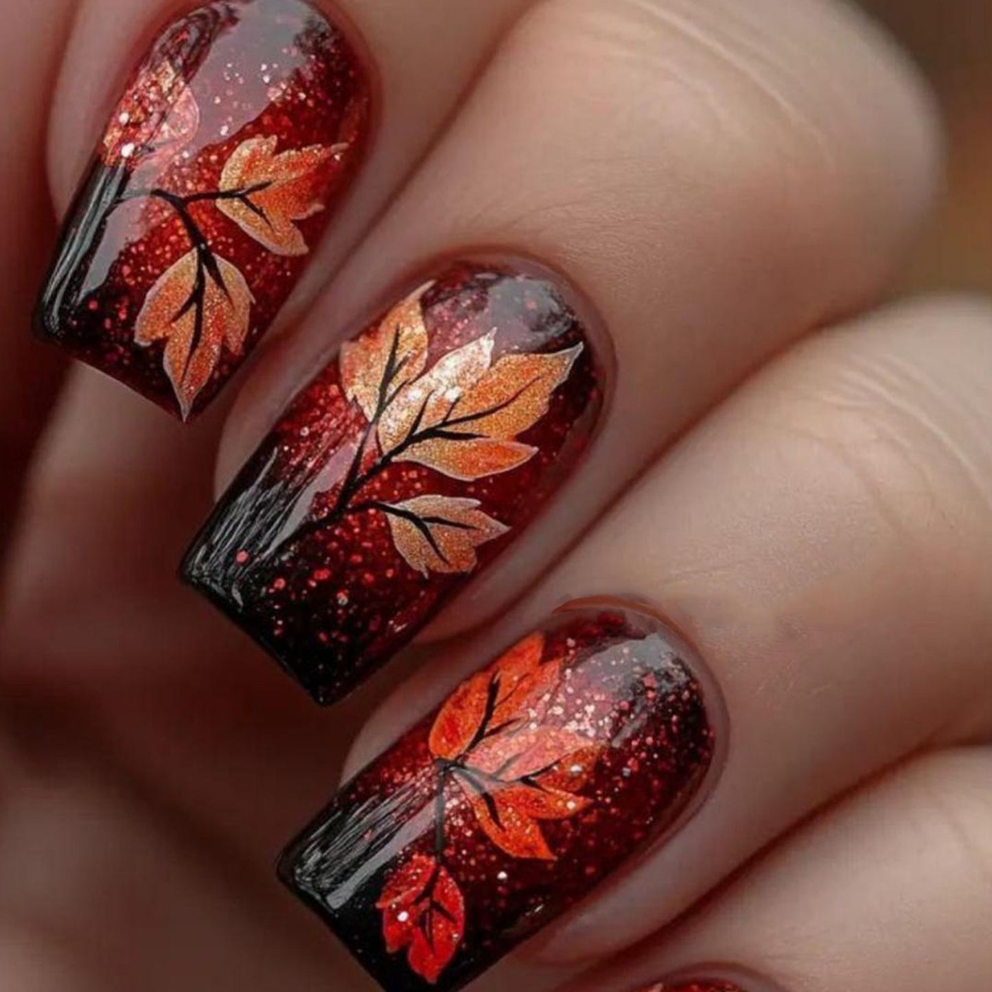 Autumn Whimsy Medium Square Burgundy with Glittering Leaf Design Press-On Nail Set