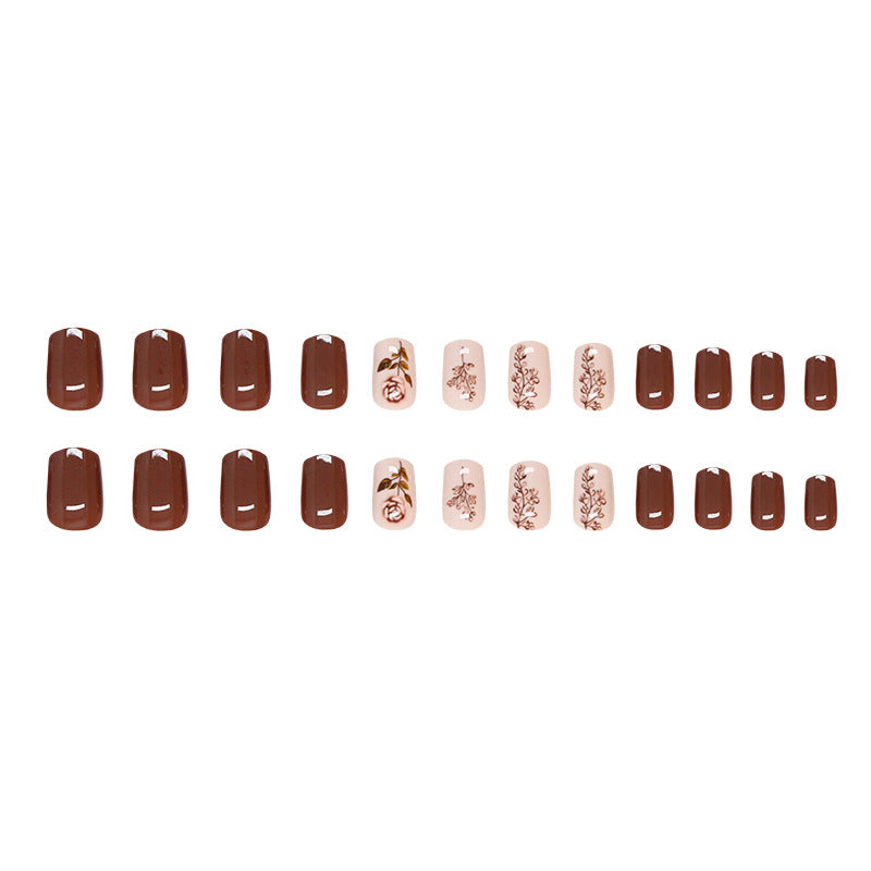 Rustic Elegance Short Squoval Chocolate Brown and Blush with Floral Accents Press On Nails Set
