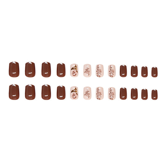 Rustic Elegance Short Squoval Chocolate Brown and Blush with Floral Accents Press On Nails Set