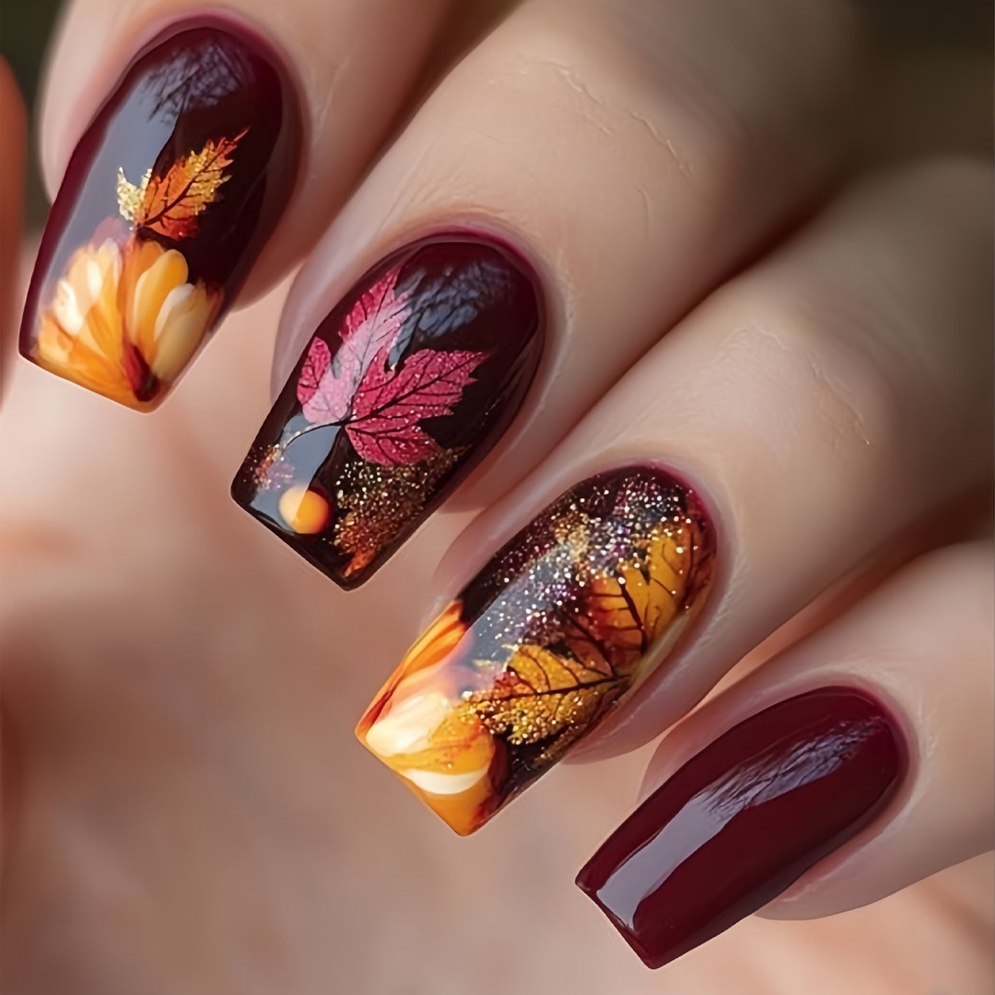 Autumn Enchantment Medium Square Burgundy Nail Set with Glittery Leaf Art