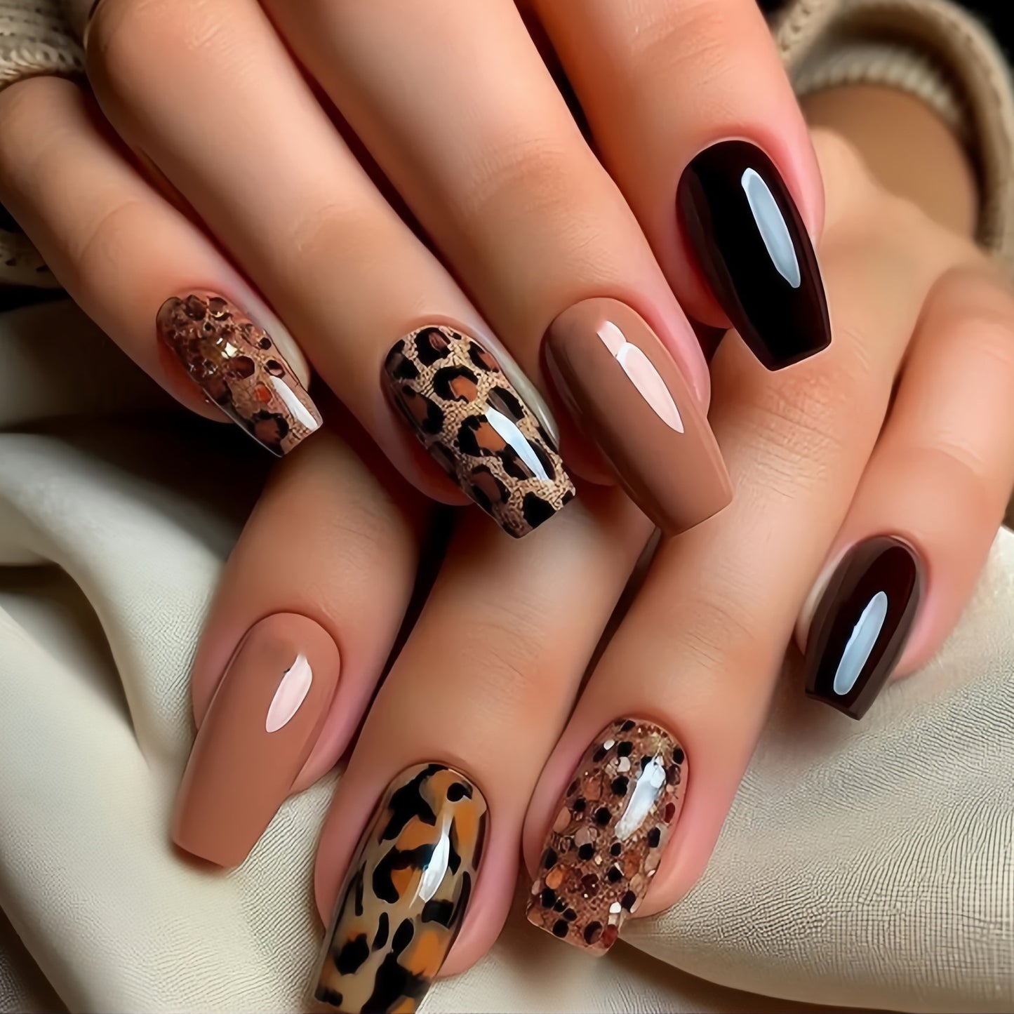 Savannah Chic Medium Square Brown and Black Leopard Print Press on Nail Set with Glossy Finish
