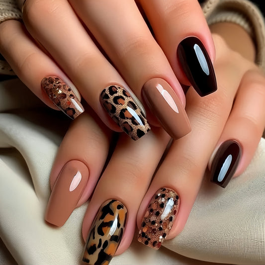 Savannah Chic Medium Square Brown and Black Leopard Print Press on Nail Set with Glossy Finish