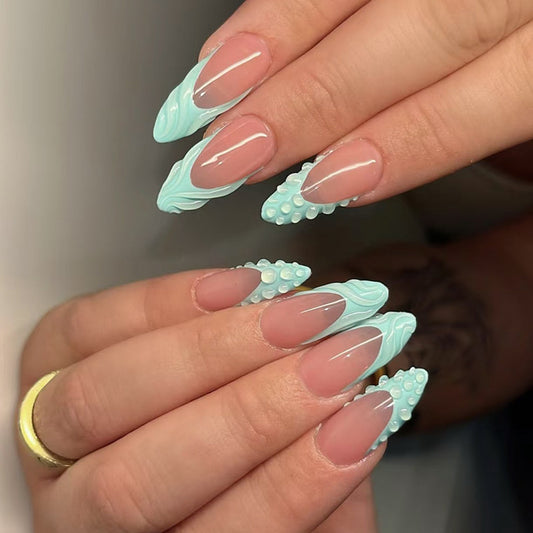 Ocean Breeze Medium Almond Shaped Mint Green Press On Nail Set with Textured Design