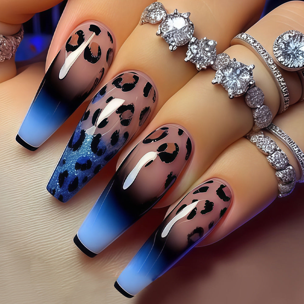 Wild Elegance Long Coffin Ombre Leopard Print with Glossy Finish Press On Nail Set