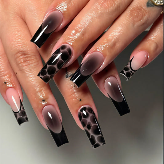 Gothic Elegance Long Coffin Black and Ombre Press On Nail Set with Unique Honeycomb Texture