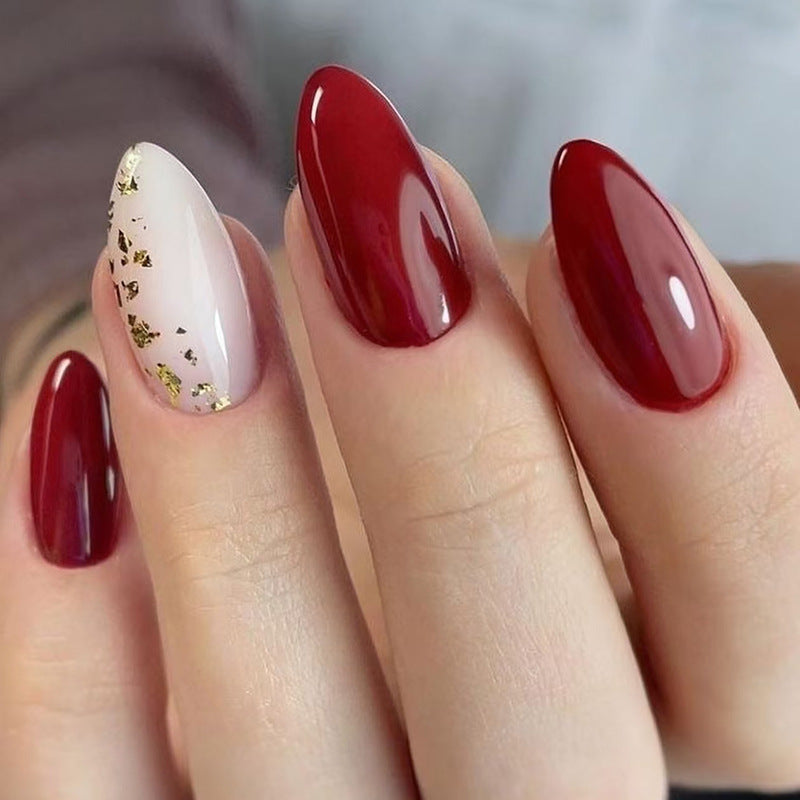 Glamorous Autumn Elegance Medium Almond Burgundy and Soft Beige with Gold Flakes Press-On Nail Set