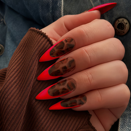 Savannah Chic Long Stiletto Red and Brown Animal Print Glamour Press On Nail Set