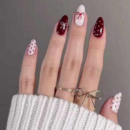 Charming Celebration Elegant Medium Almond Shaped Burgundy and White Press On Nail Set with Delightful Bow Accents