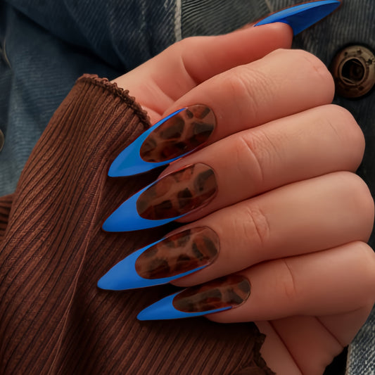 Bold Jungle Vibes Long Stiletto Blue and Brown Leopard Print Press-On Nail Set