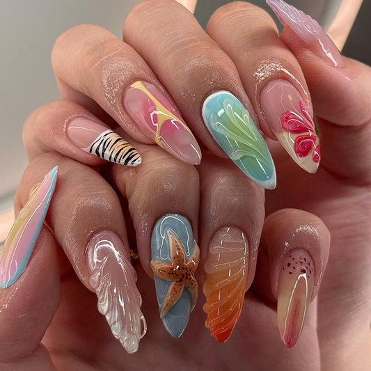 Tropical Dream Long Almond Multi-Colored Press On Nail Set with Ocean-Inspired Designs