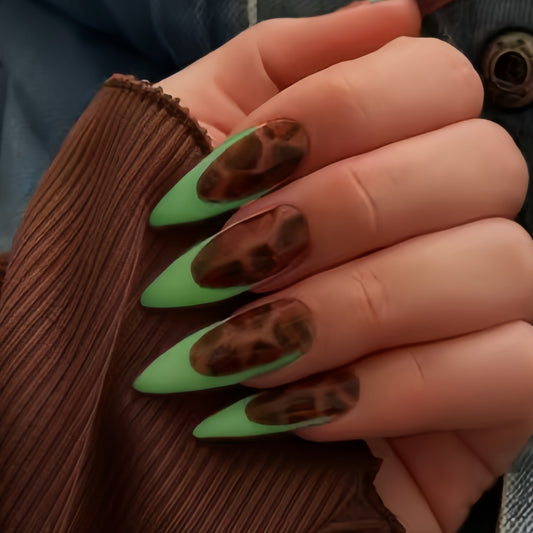 Chic Enchantment Long Stiletto Green and Brown Dual Texture Press On Nail Set