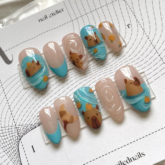 Cozy Animal Kingdom Medium Almond Blue and Beige Press-On Nail Set Featuring Adorable Critter Designs