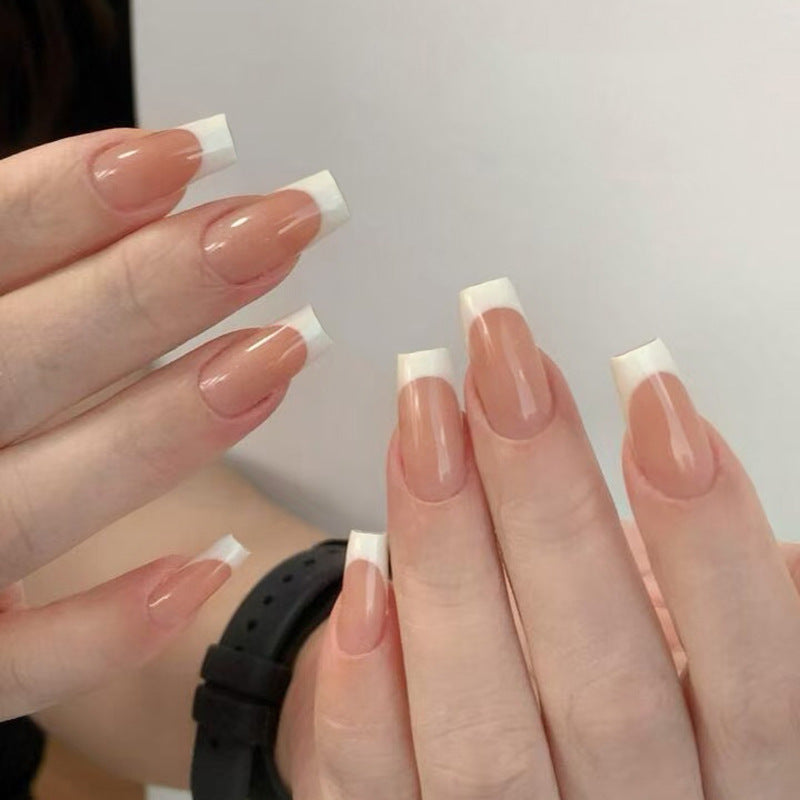Chic Elegance Medium Square Beige and White French Tip Press On Nail Set with Glossy Finish