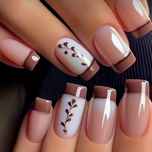 Chic Elegance Medium Square Beige and Brown Press on Nail Set with Floral Accents