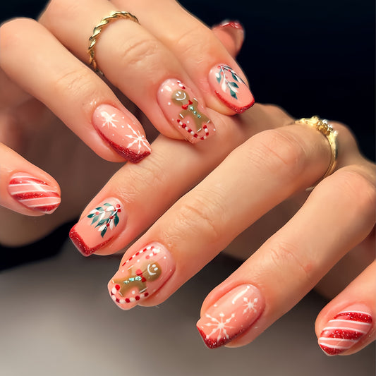 Festive Elegance Medium Square Pink with Sparkling Red Tips and Whimsical Holiday Art Press On Nail Set