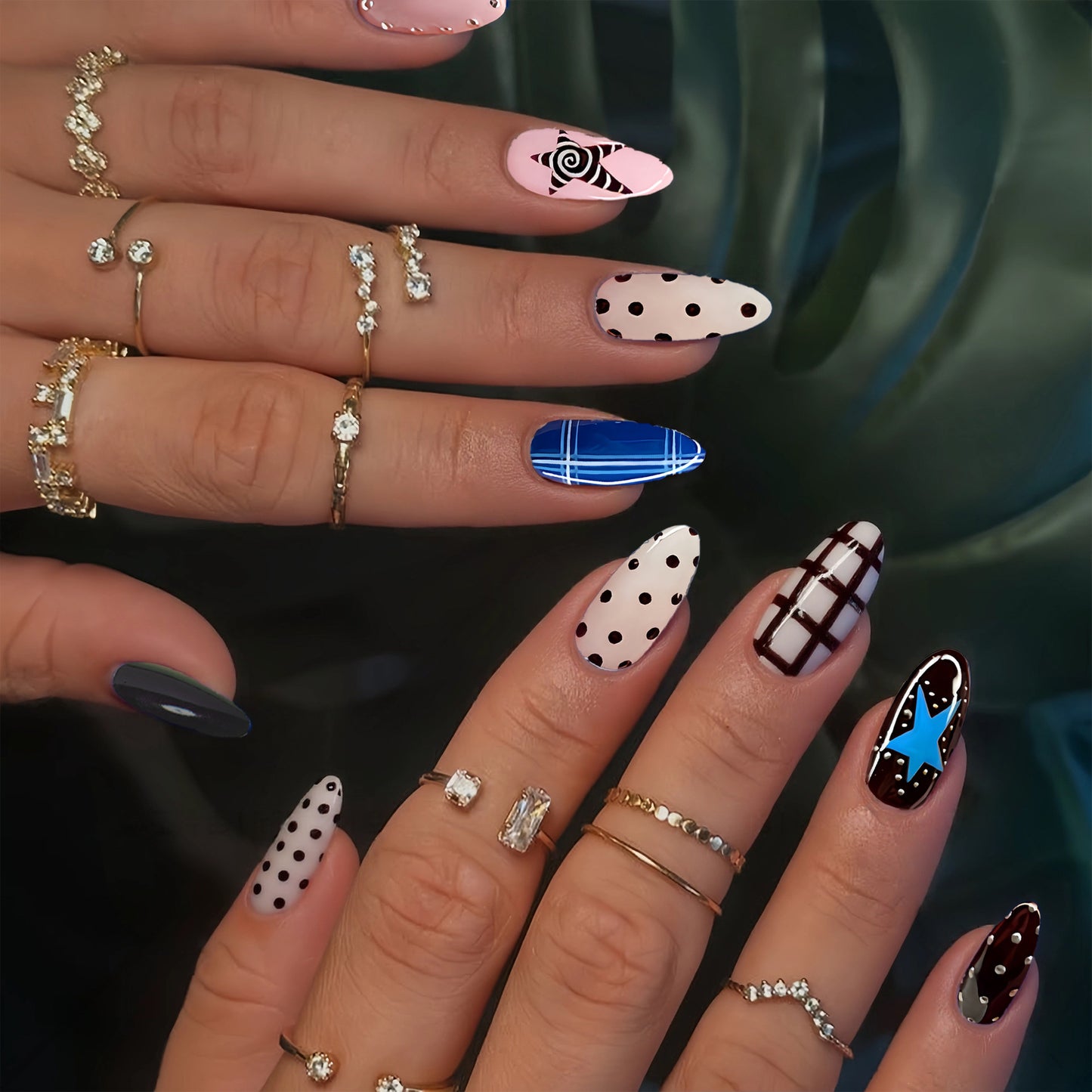 Chic Galaxy Inspired Long Almond Shaped Colorful Press On Nail Set with Unique Artistic Designs