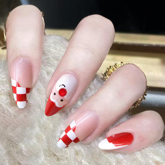 Whimsical Clown Inspired Medium Almond Red and White Checkered Nail Set with Playful Accents