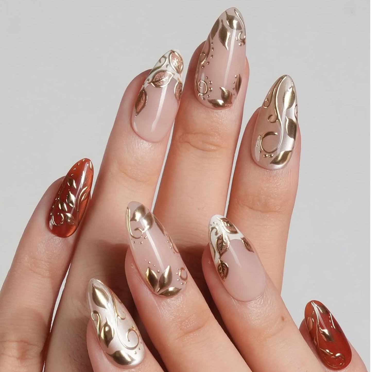 Enchanted Elegance Long Almond Beige and Amber Press On Nail Set with Elegant Gold Leaf Design