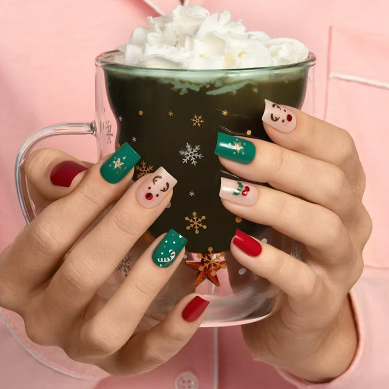 Festive Cheer Green and Red Medium Square Press on Nails with Unique Holiday Themed Designs