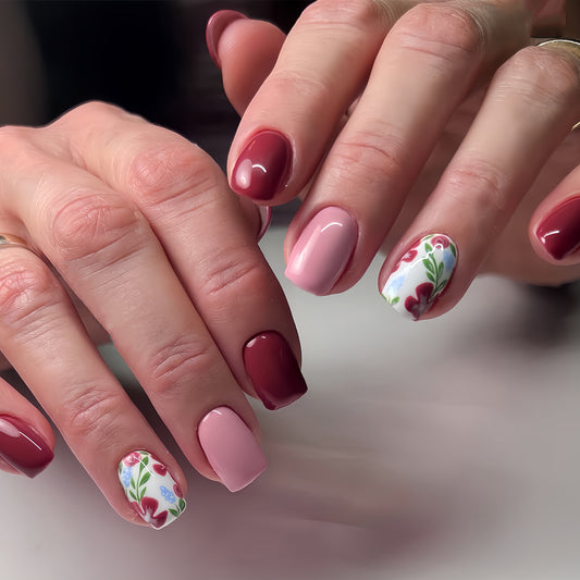 Garden Blossom Press On Nail Set Short Square Shaped Burgundy Pink and Floral Design Delight