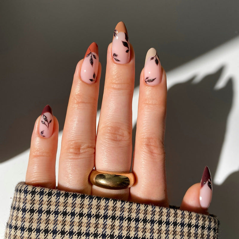 Bohemian Elegance Almond Long Press On Nails in Soft Pink with Leaf Design