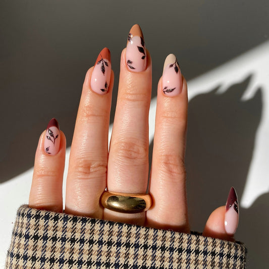 Bohemian Elegance Almond Long Press On Nails in Soft Pink with Leaf Design