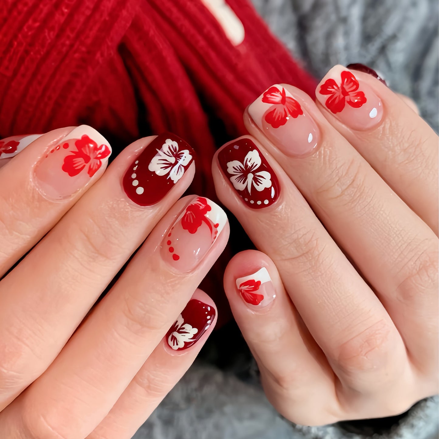 Whimsical Floral Elegance Short Square Red and Clear with Charming Butterfly Design Press-On Nail Set