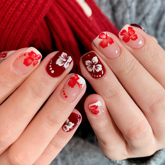 Whimsical Floral Elegance Short Square Red and Clear with Charming Butterfly Design Press-On Nail Set