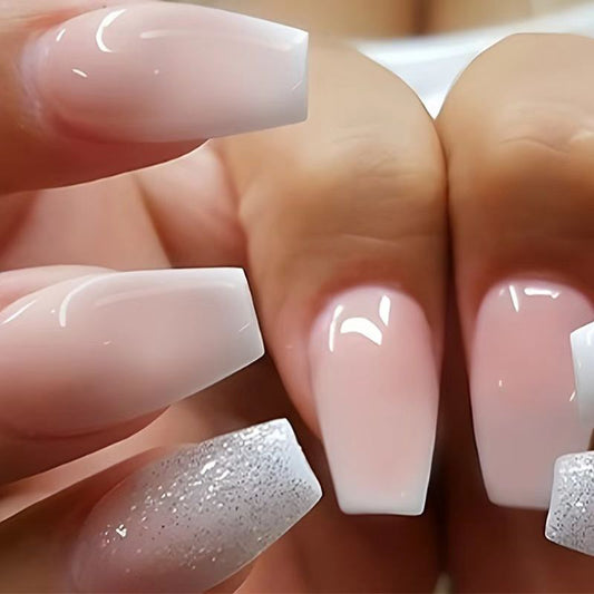 Elegant Frosted Elegance Medium Coffin Pink with Shimmering Glitter Accent Press on Nail Set