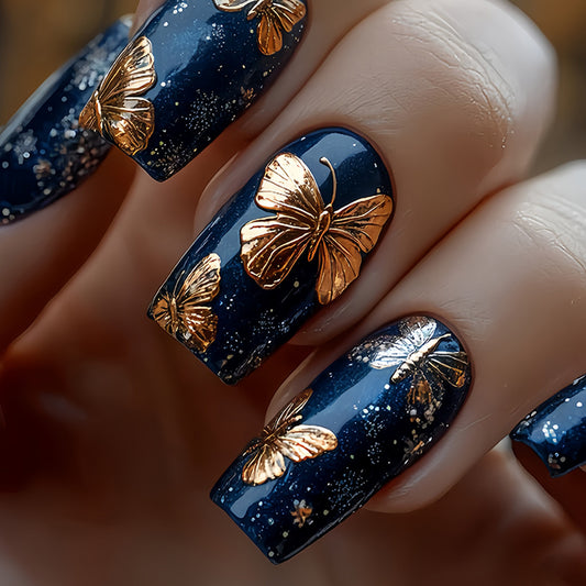 Enchanted Night Sky Long Square Deep Blue with Golden Butterfly Accents Press-On Nail Set