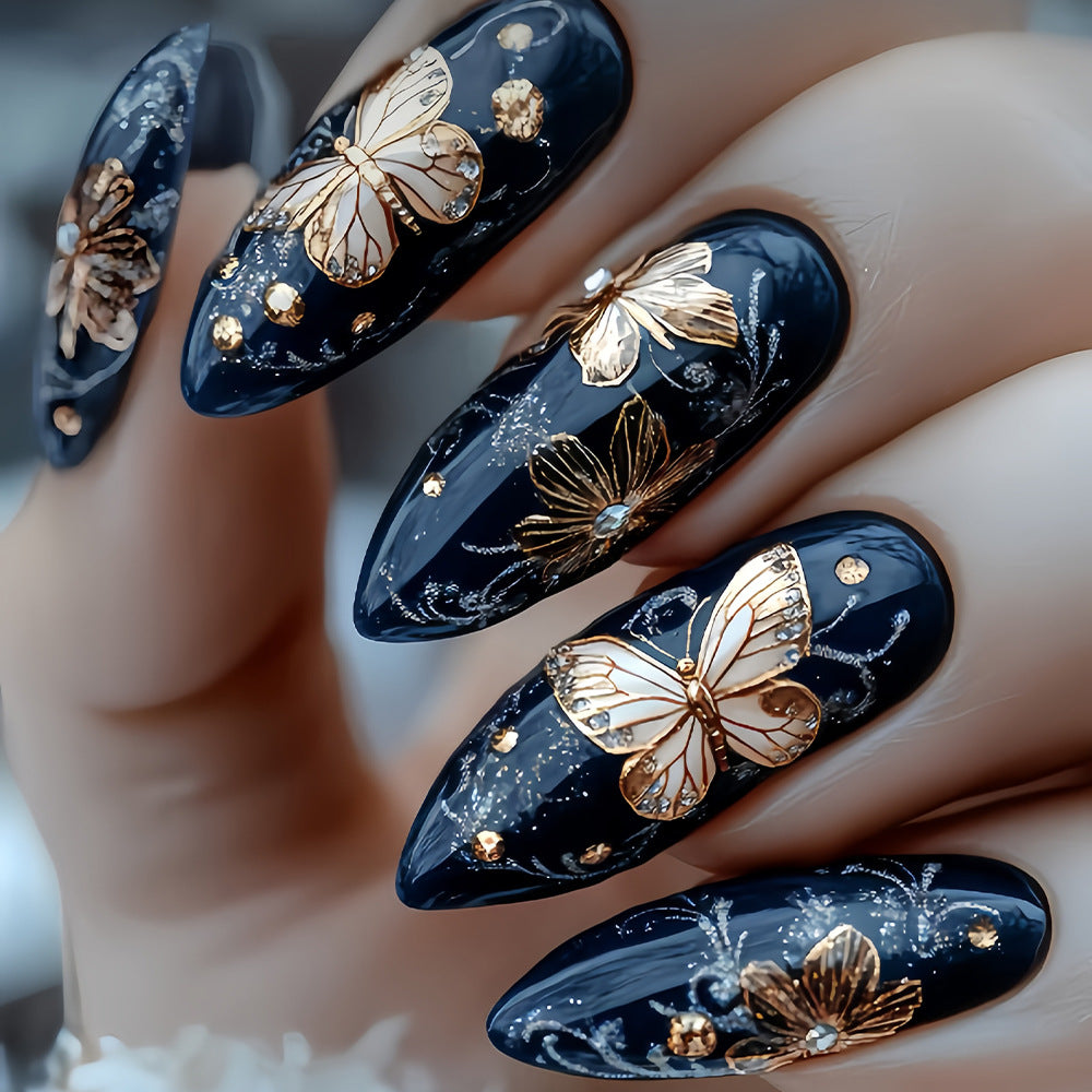 Whimsical Elegance Long Almond Midnight Blue Press-On Nail Set with Butterfly and Gemstone Accents