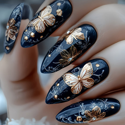 Whimsical Elegance Long Almond Midnight Blue Press-On Nail Set with Butterfly and Gemstone Accents
