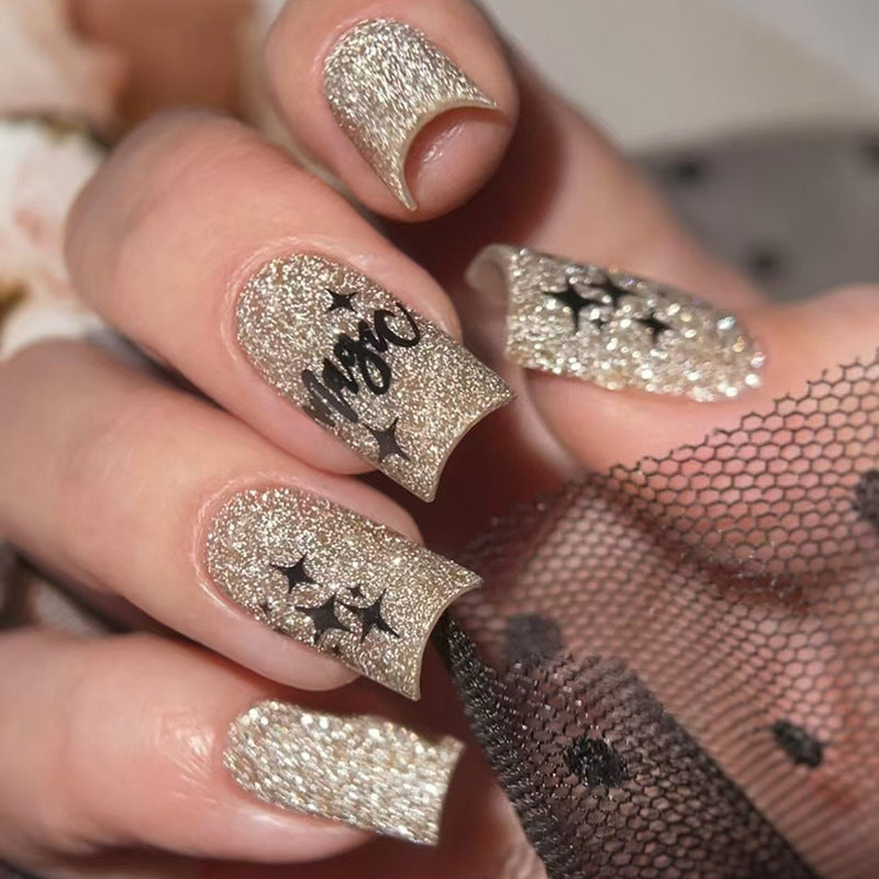 Enchanting Glimmer Long Square Gold Glitter Press-On Nail Set with Starry Design