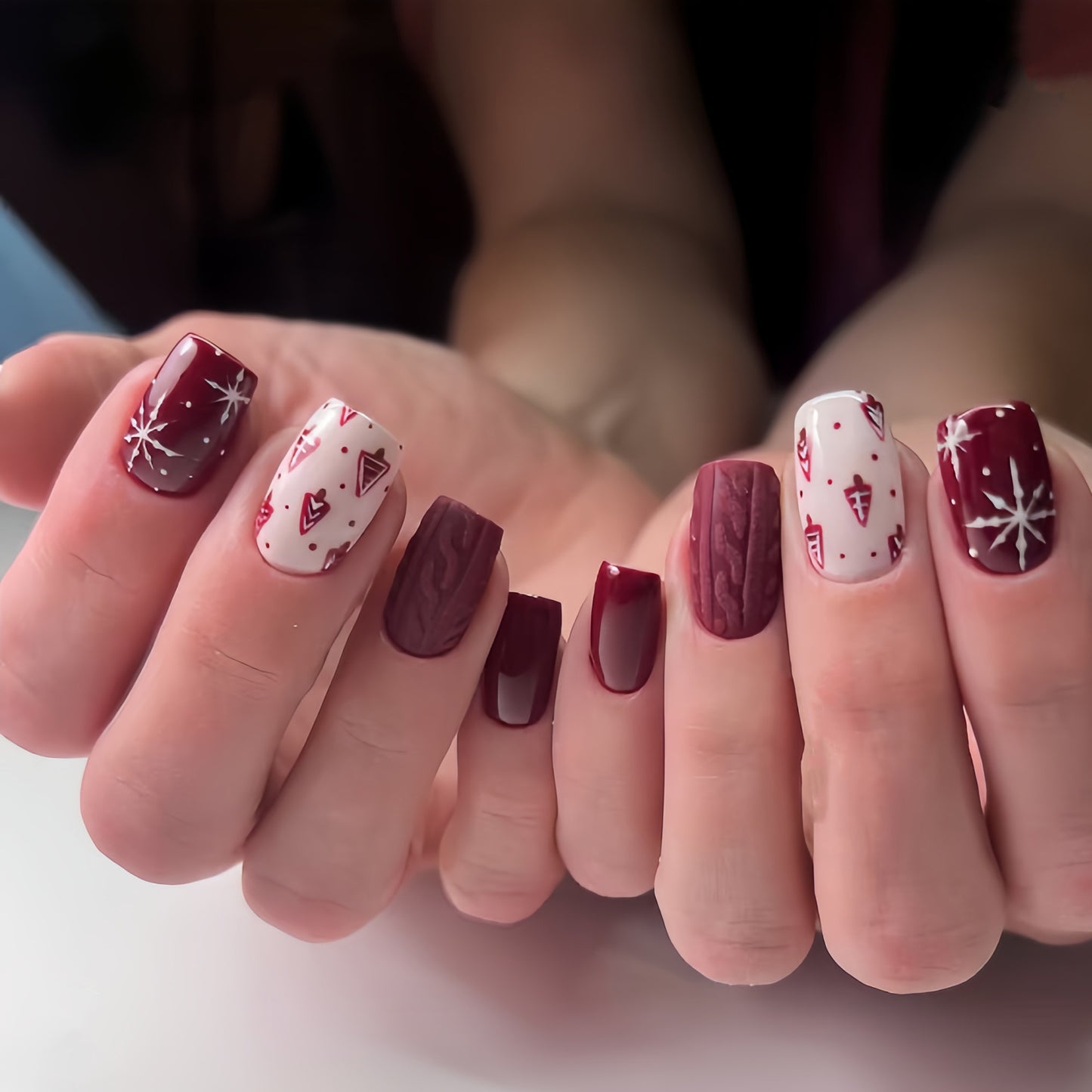 Cozy Winter Wonderland Medium Square Deep Burgundy with Festive Snowflake and Pattern Design Press On Nail Set