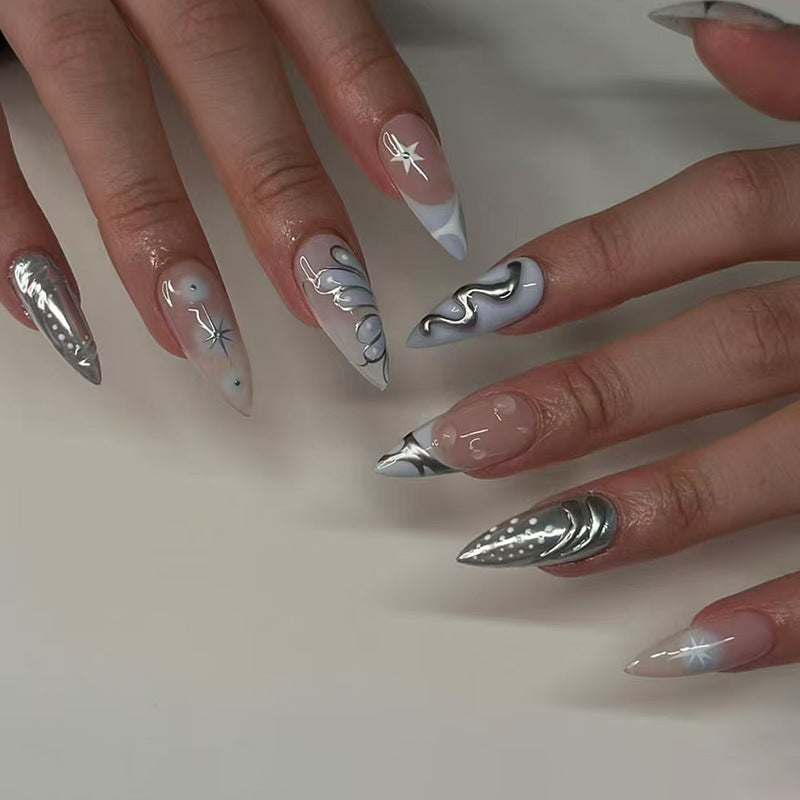 Galaxy Glam Long Stiletto Shape Frosted White and Silver Set with Unique Metallic Accents