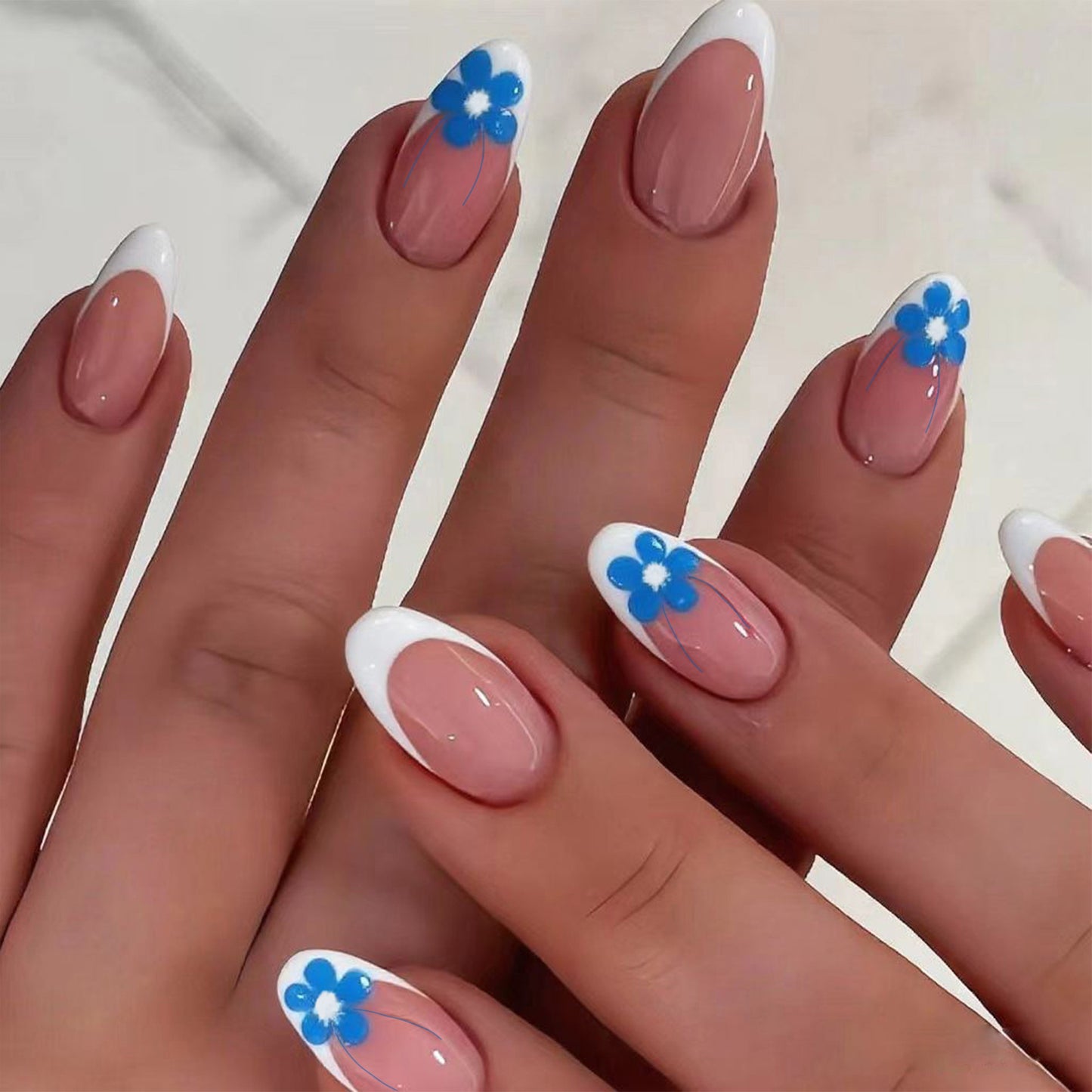 Floral Delight Elegant Medium Almond Shaped Pink and White Press On Nail Set with Charming Blue Flower Accent