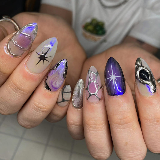 Mystical Glamour Short Almond Purple Silver Gradient with Intriguing Spiderweb Design Press On Nail Set