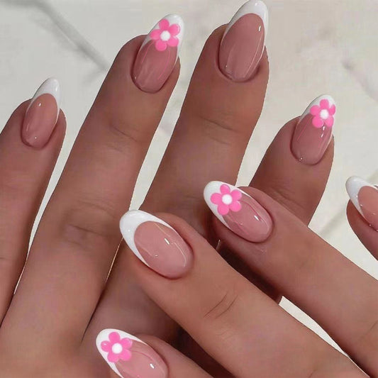 Floral Fantasy Medium Almond Shaped Pale Pink with White French Tips Featuring Charming Flower Accents Press On Nail Set
