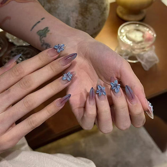 Bohemian Dream Long Almond Ombre Blue Floral Press-On Nail Set
