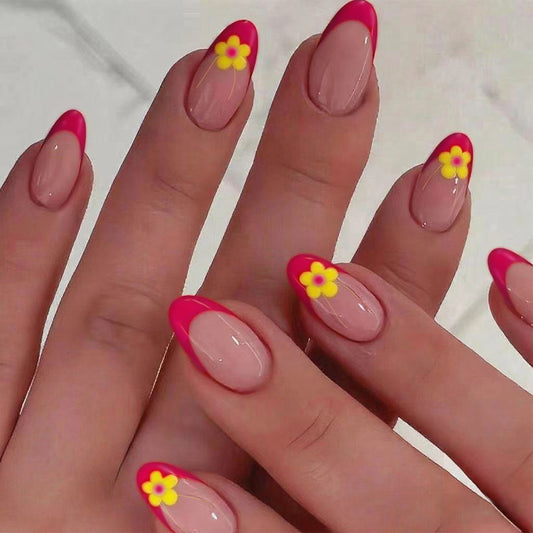 Floral Delight Medium Almond Pink and Clear Press On Nail Set with Charming Flower Accents
