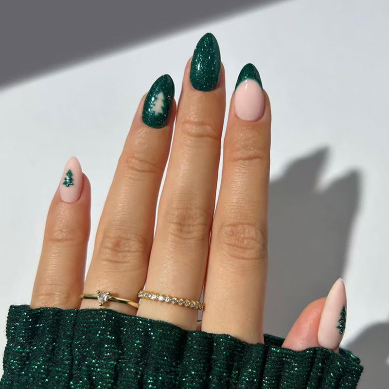 Festive Elegance Short Almond Green and Pink Glitter Nail Set with Holiday Tree Design