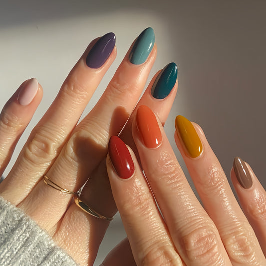 Autumn Bliss Vibrant Medium Almond Shaped Multicolor Press-On Nail Set with Glossy Finish