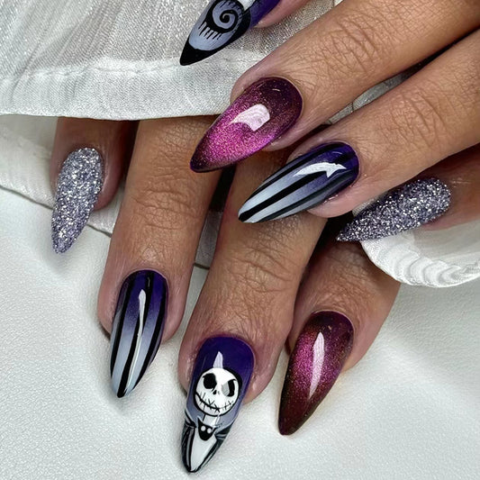 Spooky Starry Night Long Almond Purple and Glittery with Halloween Theme Press-On Nail Set