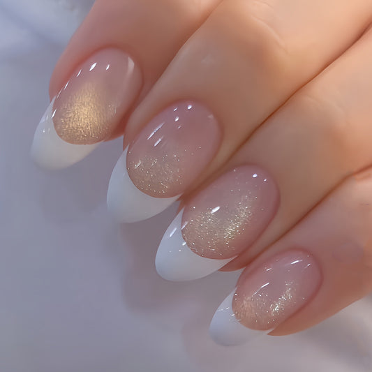 Glistening Elegance Short Oval White and Beige Ombre Glitter Press On Nail Set