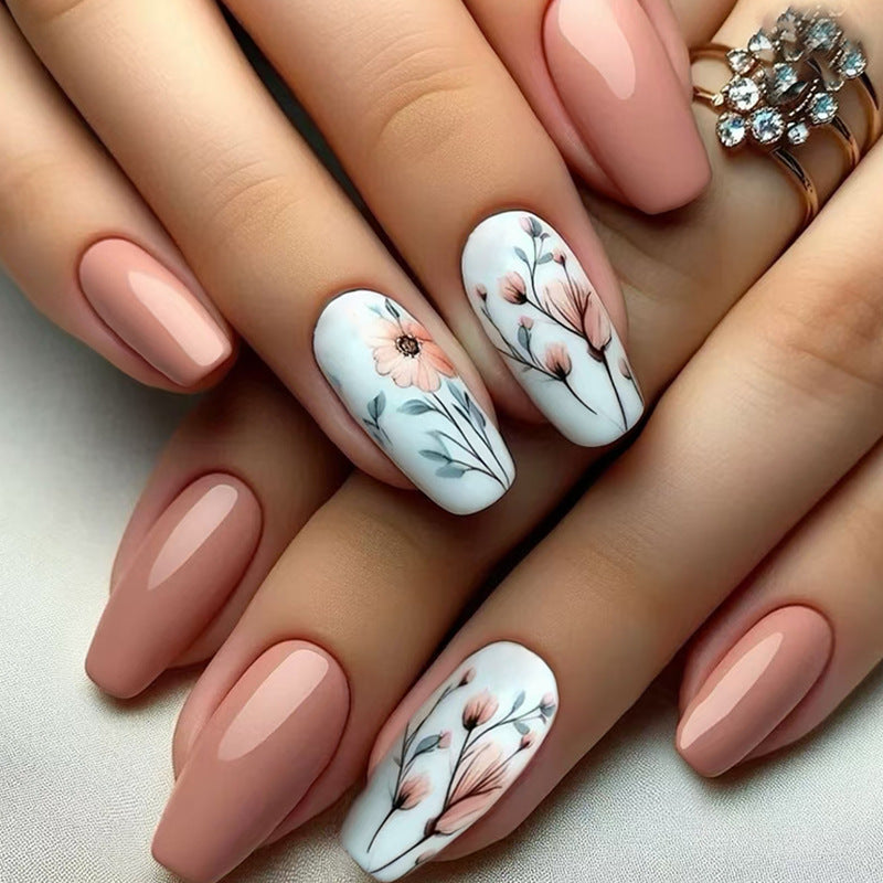 Elegant Garden Floral Press On Nail Set Short Square Soft Pink with Delicate Botanical Designs
