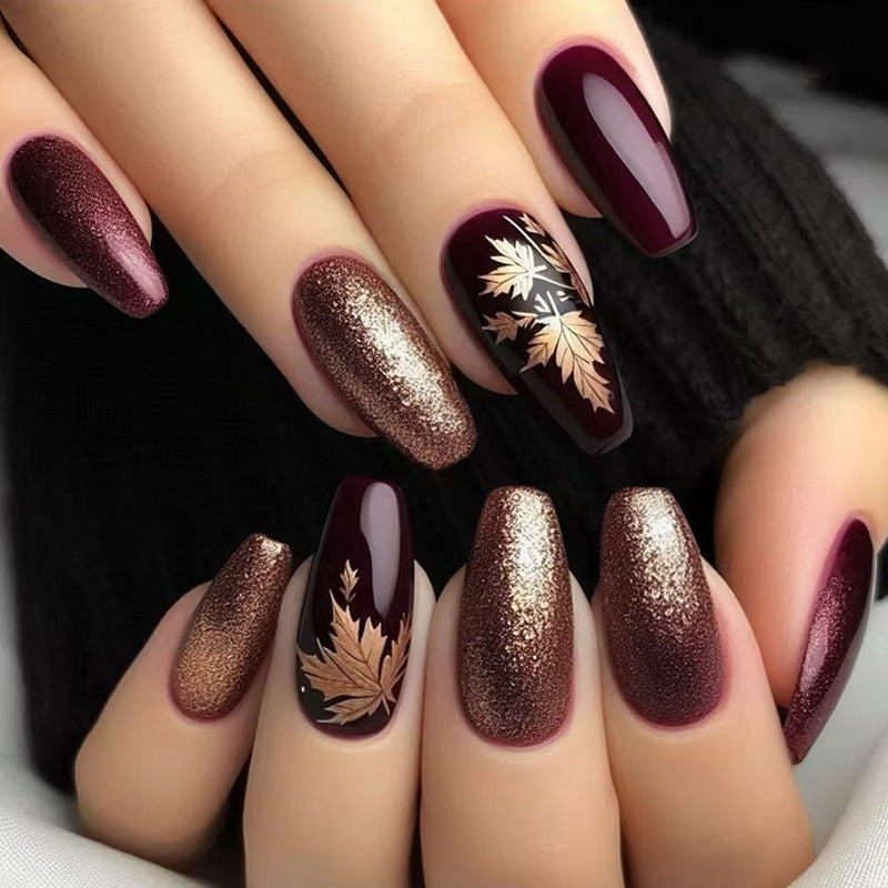Autumn Elegance Press On Nail Set Short Coffin Burgundy and Bronze Glitter with Leaf Accents