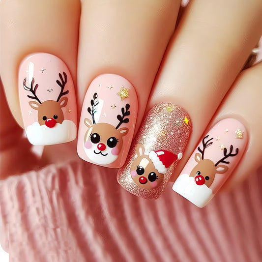 Festive Delight Medium Square Pink Press On Nail Set Featuring Adorable Reindeer Designs and Glitter Accents
